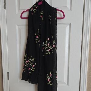 Floral Embroidered Black Scarf